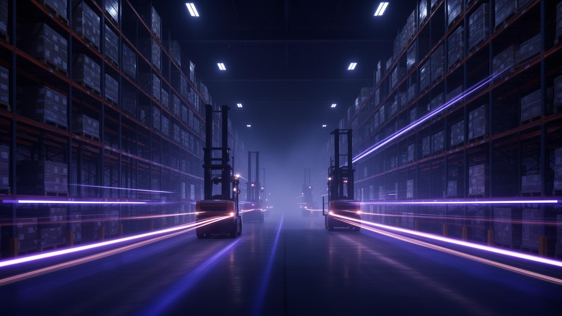 Magazzino futuristico con scie luminose dei carrelli